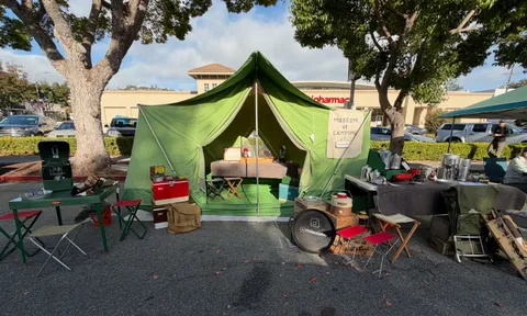 The Museum of Camping's 1978 Coleman Oasis cabin tent takes over San Carlos Avenue