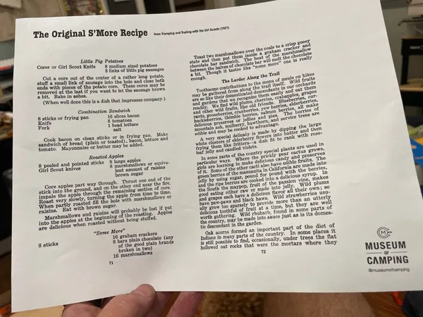 The first printed recipe for the "Some More" from the 1927 Girl Scout manual "Trailing and Tramping with the Girl Scouts"