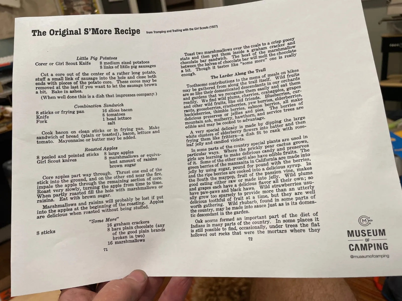 The first printed recipe for the "Some More" from the 1927 Girl Scout manual "Trailing and Tramping with the Girl Scouts"
